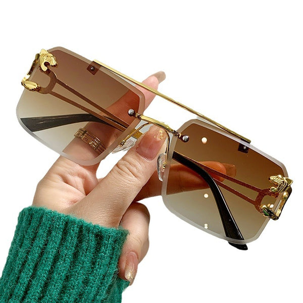 New Stylish Rimless Panther face Luxurious Gold Brown UV-400 Unisex Fashion Sunglasses (Copy) (Copy)