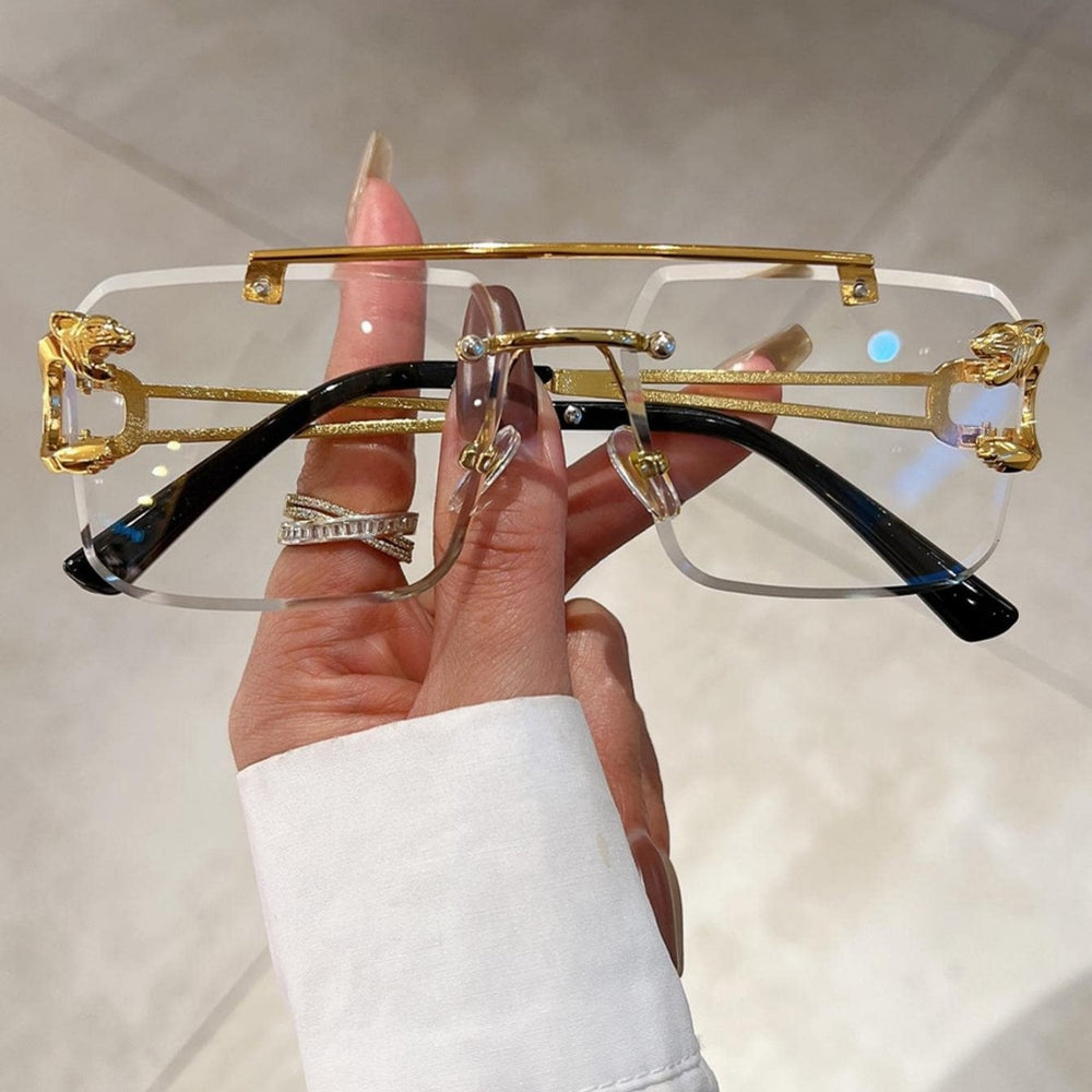New Stylish Rimless Panther face Luxurious Golden White Transperant UV-400 Unisex Fashion Sunglasses