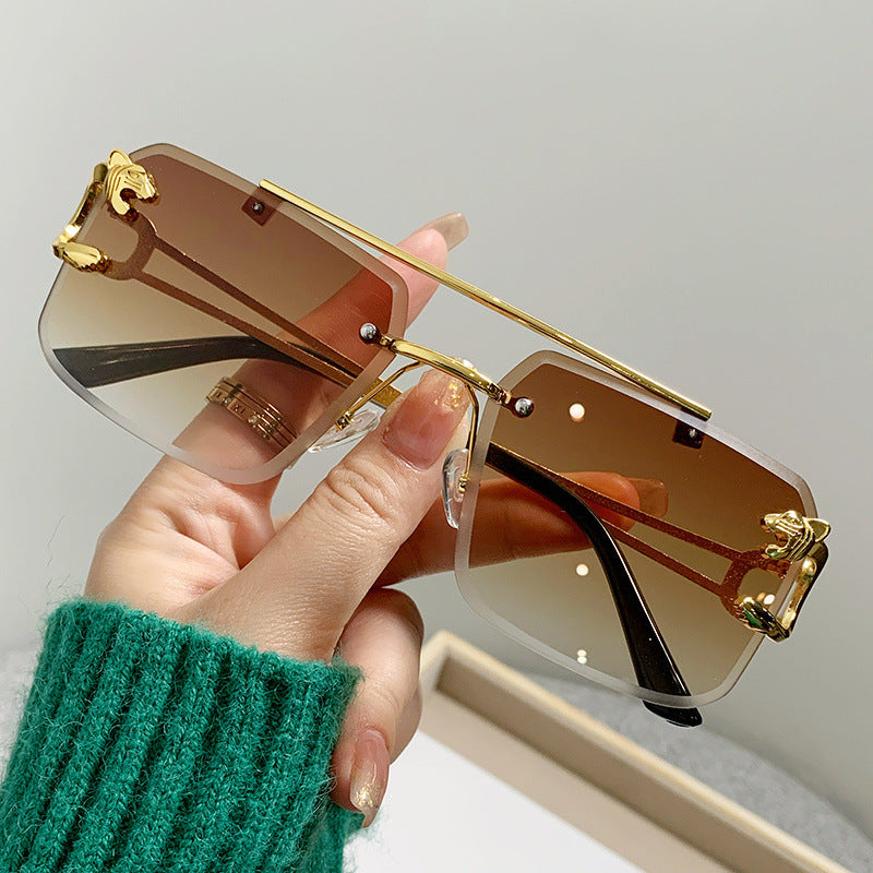 New Stylish Rimless Panther face Luxurious Gold Brown UV-400 Unisex Fashion Sunglasses (Copy) (Copy)